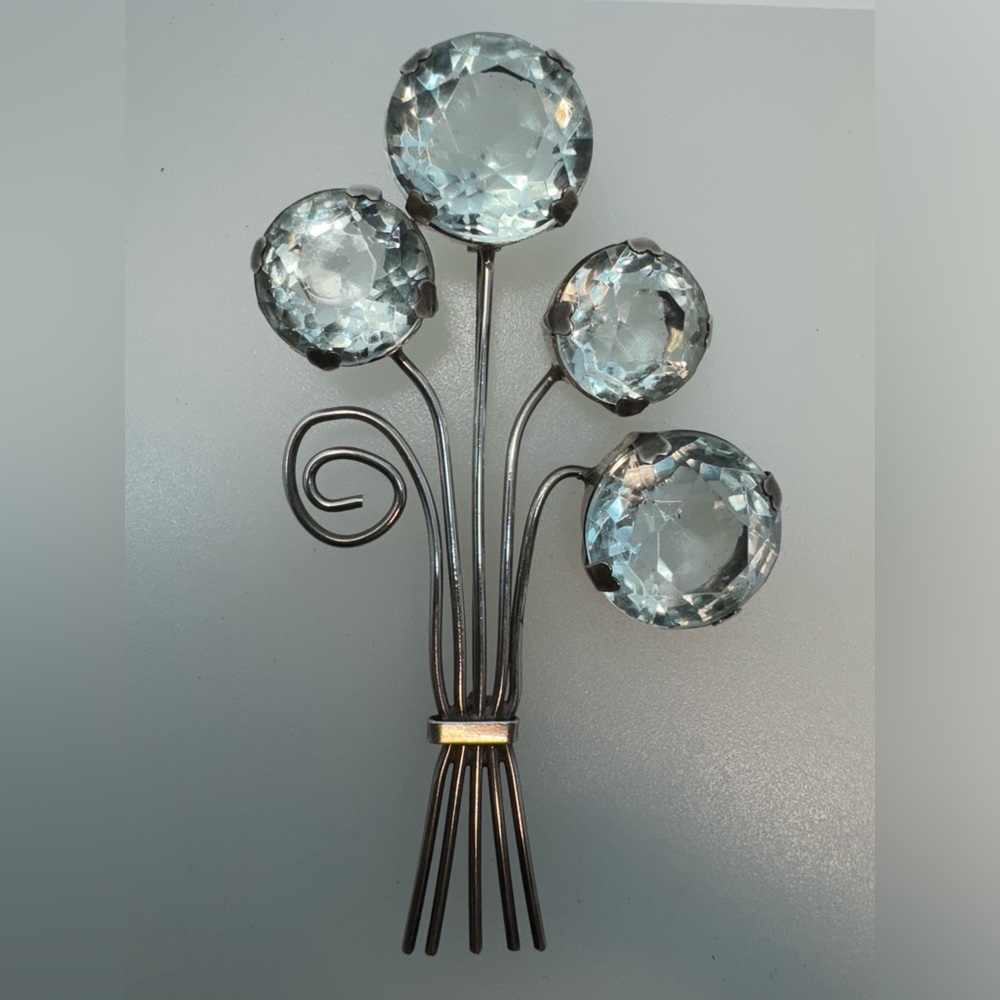 Sterling Silver and Aquamarine Glass Vintage Brooch Large 1930’s